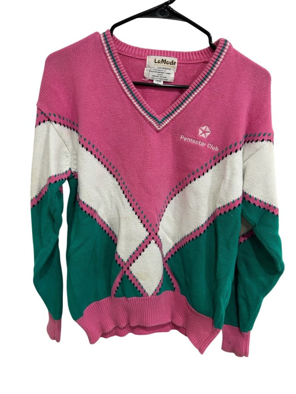 Vintage Lady LaMode Pink Green White Argyle Sportswear V-Neck Sweater SZ L Prepp